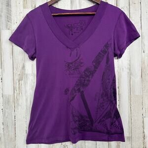 Volcom T Shirt Large Purple Black VNeck Y2K 90s Grunge